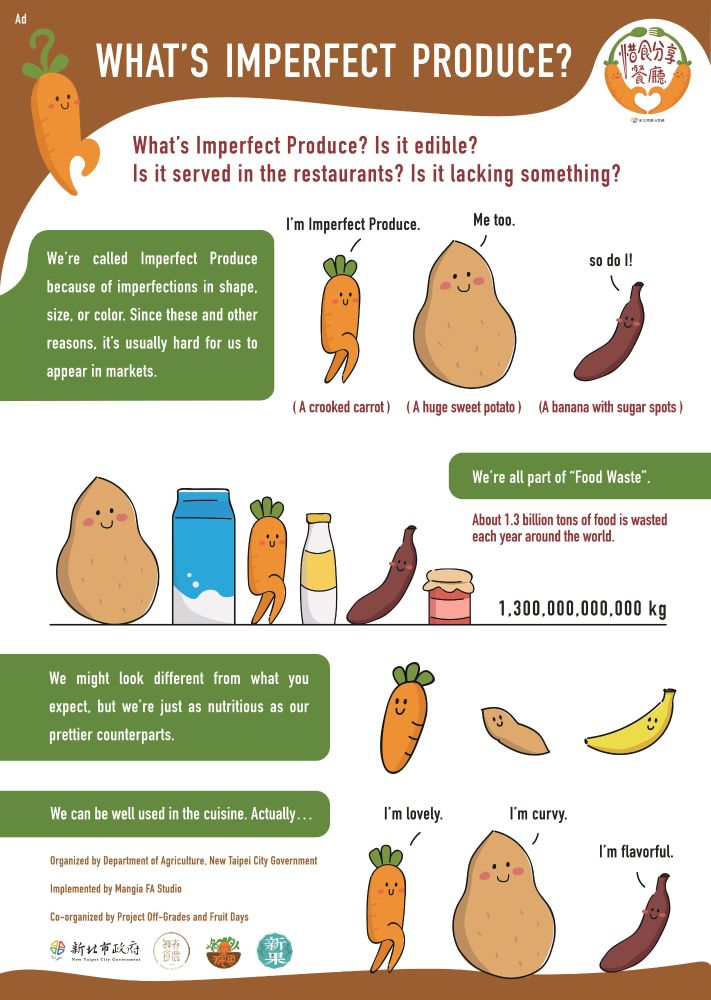Owing to shape, size, color or other reasons, Imperfect Produce, including crooked carrots, huge sweet potatoes, and bananas with sugar spots, is hard to appear in markets, causing Food Waste. There is around 1.3 billion tons of food being wasted each year around the world. They might look different from what we expect, but they're as nutritious as the prettier ones. Let's start to purchase Imperfect Produce and dine in the restaurants with the Cherishing Food logo.