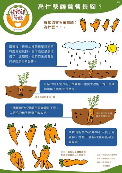 播種後，長在土裡的根莖類能再與農夫相見時，很可能就是到收成了，這期間，它們的生長會受許多自然因素影響。|正努力向下生長的小胡蘿蔔，撞見土裡的石塊，堅硬物阻礙了它的生長路徑。小胡蘿蔔只好避開石頭繼續往下長，以分岔的樣子現身在收成時。|其實有的格外品蘿蔔不只長了兩隻腳，還有三隻腳、四隻腳甚至五隻腳呢。